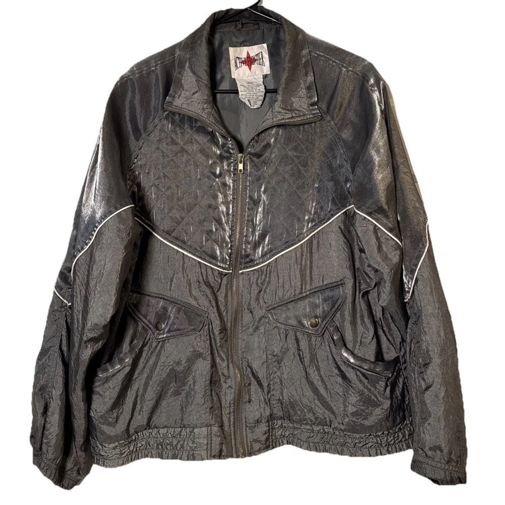 Vintage Active Frontier Windbreaker Jacket Mens M Gray‎ Shiny Nylon Quilted 90s